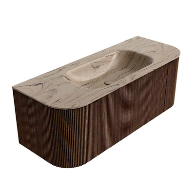 MONDIAZ KURVE-DLUX Meuble de salle de bains 120cm arrondi Gauche + Droite couleur Walnut avec 1 tiroir et 2 portes. Lavabo BIG SMALL Milieu 1 trou de robinet Arena.