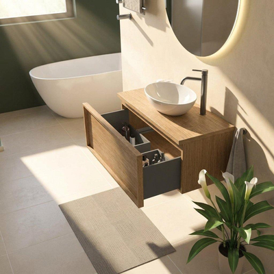 Saniclass Holz Frame Ensemble de meubles de salle de bains - 100x45x43cm - Plan en pierre naturelle travertin - 1 trou de robinet - 1 tiroir - chêne naturel mat (bois)