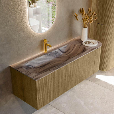 MONDIAZ KURVE-DLUX Meuble de salle de bains 135cm arrondi à droite couleur Dusk avec 1 tiroir et 1 porte. Lavabo BIG MEDIUM gauche 1 trou de robinet Sombra.