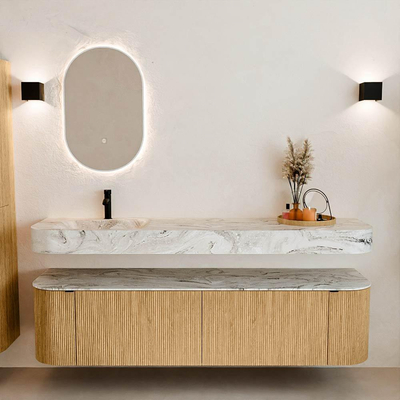 MONDIAZ THOR-DLUX Meuble de salle de bains 180cm arrondi gauche + droite couleur Oak avec 2 tiroirs et 2 portes. Vasque suspendue CLOUD Gauche 1 trou de robinet couleur Glace.