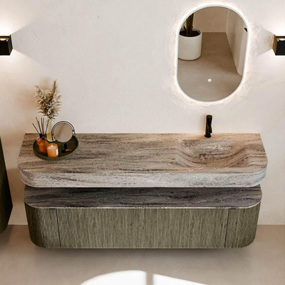 MONDIAZ THOR-DLUX Meuble de salle de bains 170cm arrondi gauche + droite couleur Shadow avec 1 tiroir et 2 portes. Vasque suspendue CLOUD Droite 1 trou de robinet couleur Oza.