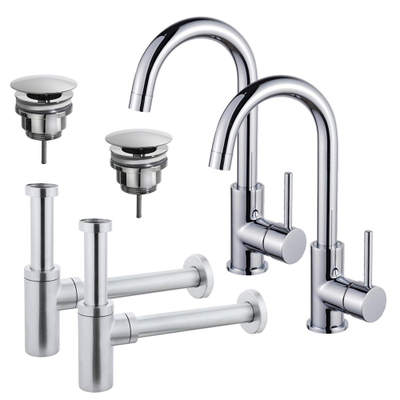 Fortifura Calvi Kit robinet lavabo - pour double vasque - robinet haut - bec rotatif - bonde non-obturable - siphon design - Chrome brillant