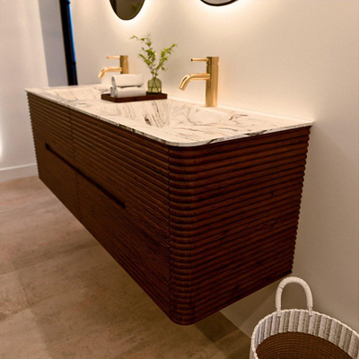 Mondiaz CIRO-DLUX Ensemble de meuble de salle de bains - 150x45x50cm - Plan vasque solid surface Glace - 2 vasques double - 2 trous de robinet - 4 tiroirs - Ruby