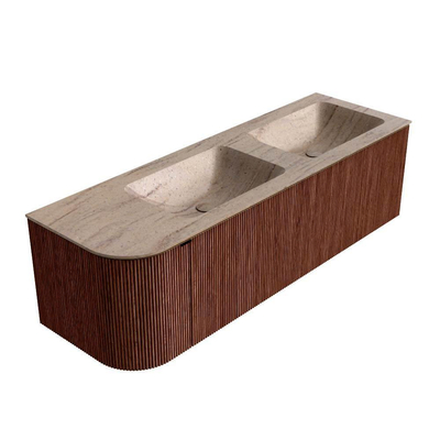 MONDIAZ KURVE-DLUX Meuble de salle de bains 145cm arrondi à gauche couleur Ruby avec 1 tiroir et 1 porte. Vasque LEAF Double / Droite sans trou de robinet Saba.