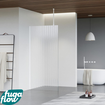 FugaFlow Eccelente Vetro douche à l'italienne salle de bain - 60x200cm - verre strié - bras plafond - blanc mat