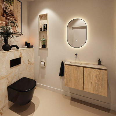 MONDIAZ TURE-DLUX Meuble toilette - 80cm - Washed Oak - EDEN - vasque Frappe - position gauche - sans trou de robinet