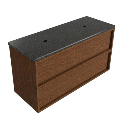 Saniclass Holz Frame Ensemble meuble de salle de bains - 120x45x63cm - vasque en basalte Noche polie - 1 vasque - sans trou de robinetterie - 2 tiroirs - walnut pure mat (bois)