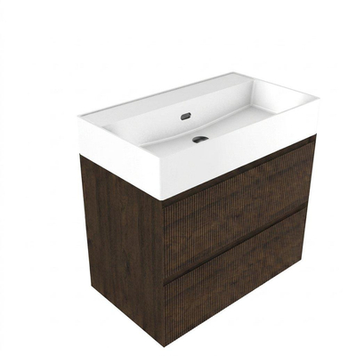Saniclass Holz Atelier Ensemble meuble de salle de bains - 80x45x72cm - lavabo Legend en céramique blanc - 1 vasque - sans trou de robinet - 2 tiroirs - chêne charcoal mat (bois)