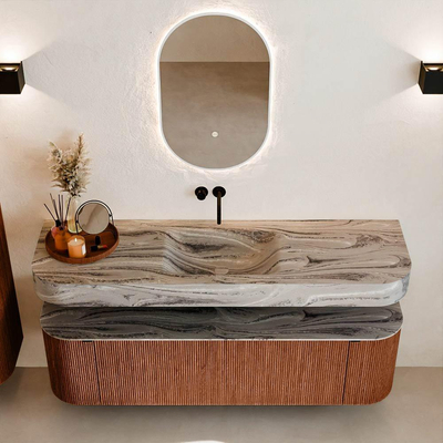 MONDIAZ THOR-DLUX 160cm meuble de salle de bains arrondi gauche + droite couleur Ruby avec 1 tiroir et 2 portes. Vasque suspendue CLOUD Milieu sans trou de robinet couleur Sombra.