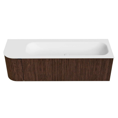 MONDIAZ KURVE Meuble de salle de bains 145 cm avec module 25 L couleur Walnut avec 1 tiroir et 1 porte. Lavabo BIG LARGE à droite sans trou de robinet Talc.