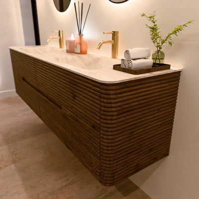 Mondiaz CIRO-DLUX Badkamermeubelset - 180x45x50cm - Solid surface wastafel Frappe - 2 wasbak Dubbel - 2 kraangaten - 4 lades - Dusk