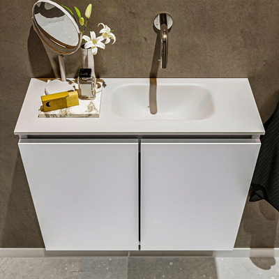 MONDIAZ TURE Fonteinset - 60x23x50cm - 0 kraangaten - 2 deuren - talc mat - Wasbak rechts - Solid Surface Wit