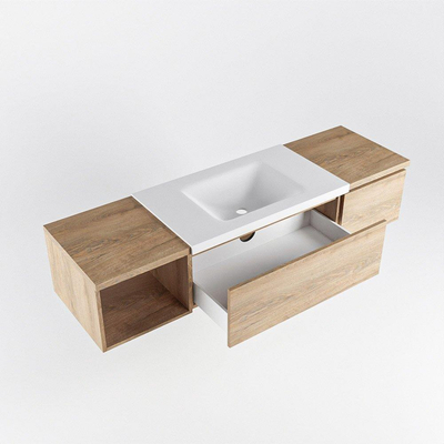 MONDIAZ BUKLA meuble de salle de bains 160 cm avec module ouvert 40 à gauche couleur Washed Oak avec 2 tiroirs. Lavabo CLOUD central 0 trous de robinet couleur Talc.