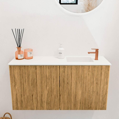 Mondiaz JOYA 80cm toiletmeubel - kleur Oak - Wastafel FAYE positie Rechts 1 kraangat kleur Talc.