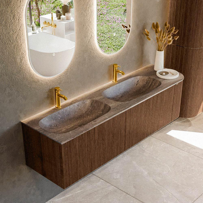 MONDIAZ KURVE-DLUX Meuble de salle de bains 165cm arrondi à droite couleur Walnut avec 2 tiroirs et 1 porte. Lavabo STOR SMALL Double / Gauche 2 trous de robinet Oza.