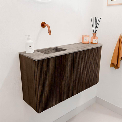 Mondiaz JOYA-DLUX 81.6cm toiletmeubel - ronding rechts kleur Walnut - Wastafel FAYE positie Links Zonder kraangat kleur Oza.