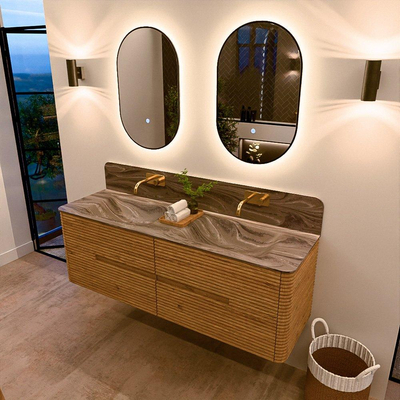 Mondiaz CIRO-DLUX Badkamermeubelset - 150x45x50cm - Solid surface wastafel Sombra - 2 wasbak Dubbel - zonder kraangaten - 4 lades - Oak