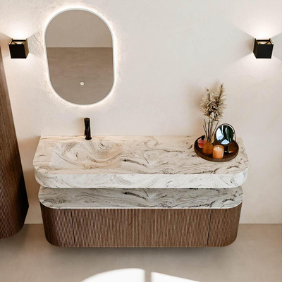 MONDIAZ THOR-DLUX 150cm badmeubel ronding links + rechts kleur Walnut met 1 lade en 2 deuren. Vrijhangende wastafel CLOUD Links 1 kraangat kleur Glace.