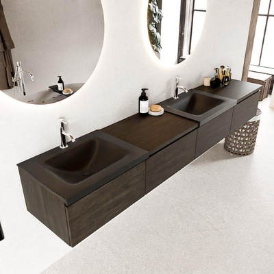 MONDIAZ BUKLA 240cm badmeubel met module 60 rechts kleur Dark Brown met 4 lades. Wastafel CLOUD dubbel 2 kraangaten kleur Urban.
