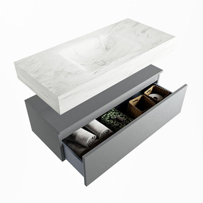 Mondiaz ALAN-DLUX Ensemble de meuble - 100cm - meuble Plata mat - 1 tiroir - Lavabo Cloud Opalo suspendu - vasque Centre - 0 trous de robinet