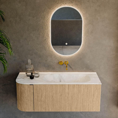 MONDIAZ KURVE-DLUX 115cm meuble de salle de bains avec module 25 L couleur Oak avec 1 tiroir et 1 porte. Lavabo BIG SMALL à droite sans trou de robinet couleur Frappe.