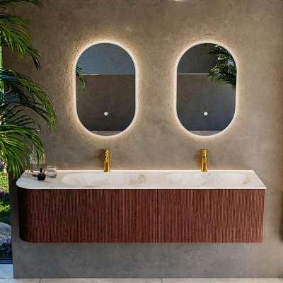 Mondiaz KURVE-DLUX Ensemble de meuble de salle de bains - 175x46x40cm - 2 tiroirs - 1 porte - lavabo solid surface - double / droite - 2 trous de robinet - Ruby