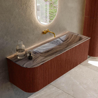 MONDIAZ KURVE-DLUX Meuble de salle de bains 135cm arrondi à gauche couleur Ruby avec 1 tiroir et 1 porte. Vasque BIG MEDIUM à droite sans trou de robinet Sombra.