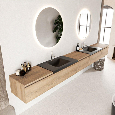 MONDIAZ BUKLA 340cm badmeubel met module 60 kleur Washed Oak met 5 lades. Wastafel CLOUD dubbel 2 kraangaten kleur Urban.