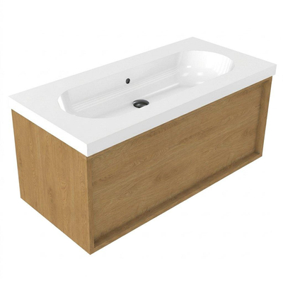 Saniclass Holz Frame Ensemble de meubles de salle de bains - 100x45x43.5cm - lavabo en céramique Palermo blanc - 1 vasque - sans trou de robinet - 1 tiroir - chêne naturel mat (bois)