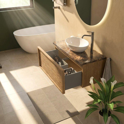 Saniclass Holz Frame Ensemble de meubles de salle de bains - 100x45x43cm - Plan en pierre naturelle Noche dark emperador - 1 trou de robinetterie - 1 tiroir - chêne naturel mat (bois)