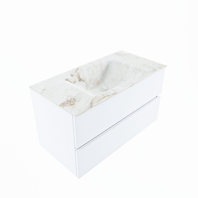 Mondiaz VICA-DLUX Ensemble de meuble de salle de bain - 90cm - meuble sous-vasque talc - 2 tiroirs - lavabo encastrée cloud milieu - 1 trou de robinet - version haute de 60cm - frape