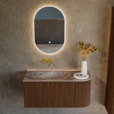 MONDIAZ KURVE-DLUX Meuble de salle de bains 95cm arrondi à droite couleur Walnut avec 1 tiroir et 1 porte. Lavabo BIG SMALL gauche sans trou de robinet Oza.