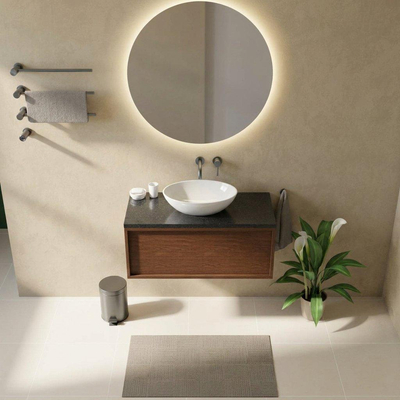 Saniclass Holz Frame Ensemble meuble de salle de bains - 100x45x43cm - Plan vasque en basalte Noche poli (noir) - sans trou de robinet - 1 tiroir - walnut pure mat (bois)