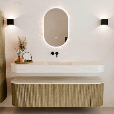 MONDIAZ THOR-DLUX 160cm meuble de salle de bains arrondi gauche + droite couleur Dusk avec 1 tiroir et 2 portes. Vasque suspendue CLOUD Centre sans trou de robinet couleur Meli.