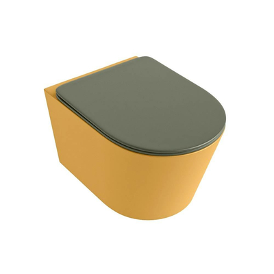 Mondiaz LAVIE hangtoilet – spoelrandloos – 36 x 53 cm – met softclose zitting – Ocher (geel), zitting Army (groen)