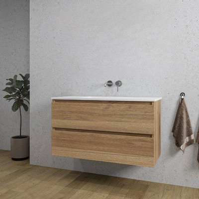 Saniclass Chaci Ensemble meuble de salle de bains - 100x46x55cm - lavabo en céramique blanc - 1 vasque - sans trous de robinet - 2 tiroirs - chêne