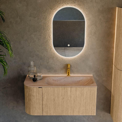 MONDIAZ KURVE-DLUX Meuble de salle de bains 95cm arrondi Gauche couleur Chêne avec 1 tiroir et 1 porte. Lavabo BIG SMALL Droite 1 trou de robinet Saba.