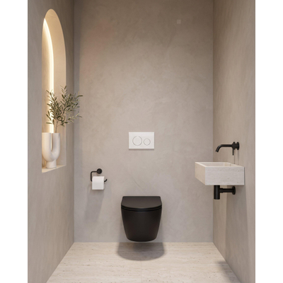 QeramiQ Dely Toiletset - 36.3x51.7cm - Geberit UP720 inbouwreservoir - rimless - diepspoel - 35mm zitting - softclose - bedieningsplaat glans wit - ronde knoppen - mat zwart