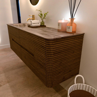 Mondiaz CIRO-DLUX Badkamermeubelset - 150x45x50cm - Solid surface wastafel Sombra - 1 wasbak Links - 1 kraangat - 4 lades - Dusk