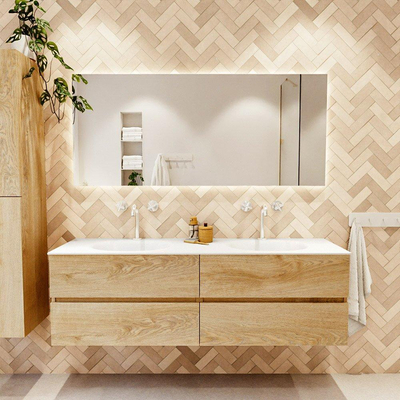 MONDIAZ Vica Ensemble meuble de salle de bains - 160cm - meuble bas chêne blanchi - 4 tiroirs - lavabo moon double - 2 trous de robinet - version hauteur 60cm - talc