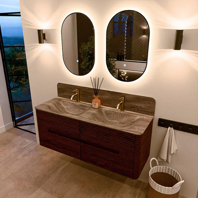 Mondiaz CIRO-DLUX Badkamermeubelset - 130x45x50cm - Solid surface wastafel Oza - 2 wasbak Dubbel - 2 kraangaten - 4 lades - Ruby