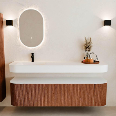 MONDIAZ THOR 170cm meuble de salle de bains arrondi gauche + droite couleur Ruby avec 1 tiroir et 2 portes. Vasque suspendue CLOUD Gauche 1 trou de robinet couleur Talc.