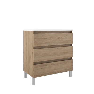 Saniclass Chaci PLUS Badkameronderkast - 80x86x46cm - 3 lades - Geintegreerde greep - MFC - eiken INCL. keramische wastafel zwart - Kraan en afvoerplug zwart. SHOWROOMMODEL