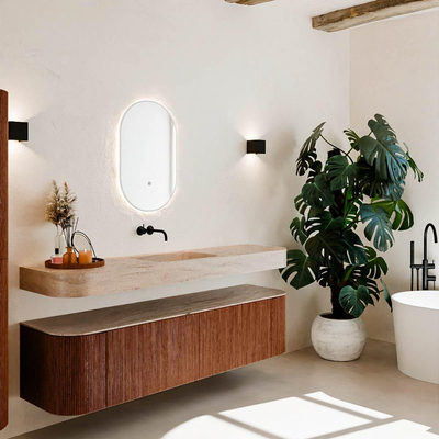 MONDIAZ THOR-DLUX 180cm meuble de salle de bains arrondi gauche + droite couleur Ruby avec 2 tiroirs et 2 portes. Vasque suspendue CLOUD Milieu sans trou de robinet couleur Saba.