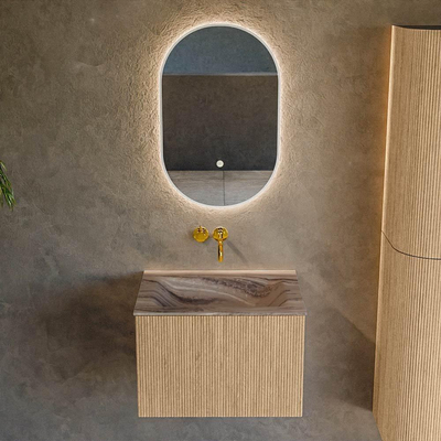 MONDIAZ KURVE-DLUX 60cm badmeubel kleur Oak met 1 lade en 0 deuren. Wastafel CLOUD Midden zonder kraangat Sombra.