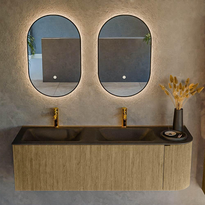 Mondiaz KURVE Ensemble de meuble de salle de bains - 145x46x40cm - 1 tiroir - 1 porte - lavabo solid surface - double / gauche - 2 trous de robinet - Dusk