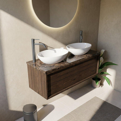 Saniclass Holz Frame Ensemble meuble de salle de bains - 120x45x43cm - Plan de toilette en pierre naturelle Noche dark emperador - 2 trous de robinetterie - 1 tiroir - chêne charcoal mat (bois)