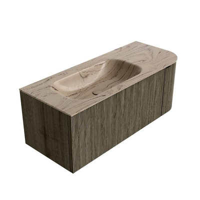 MONDIAZ KURVE-DLUX Meuble de salle de bains 115 cm arrondi à droite couleur Shadow avec 1 tiroir et 1 porte. Lavabo BIG SMALL à gauche sans trou de robinet Arena.