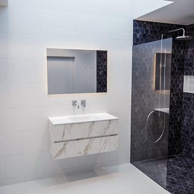 ENSEMBLE DE MEUBLE MONDIAZ VICA - 100cm - 2 tiroirs - lavabo Cloud central - 0 trous de robinet - solid surface marbre Carrara