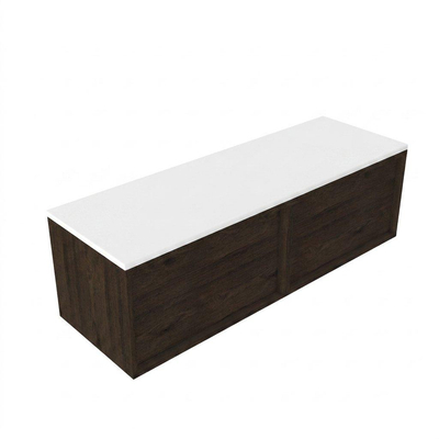 Saniclass Holz Frame Ensemble de meubles de salle de bains - 140x45x42.5cm - plan Torino en solid surface blanc - sans trou de robinetterie - 2 tiroirs - chêne charcoal mat (bois)